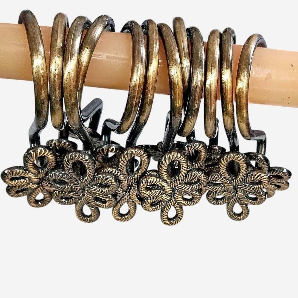 Set of 12 Gold Tone Metal Shower Curtain Hooks With An Antique Finish